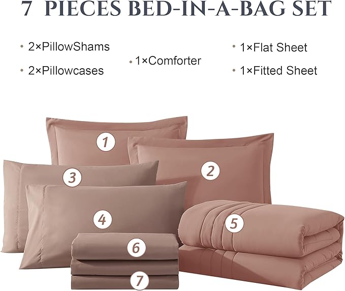 Monbix Queen Comforter Set - 7 Pieces Clay Pink Bed in a Bag Queen Bedding Sets with Comforters, All Seasons Comforter Bed Set with Sheets, Pillowcases & Shams