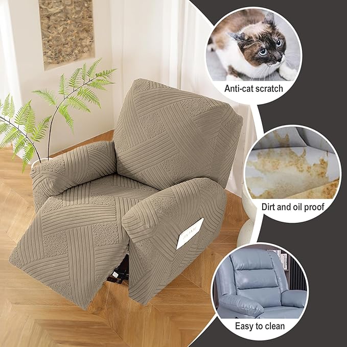 NORTHERN BROTHERS Oversized Recliner Cover - Lazy Boy Recliner Covers That Stay in Place, 4 Pieces Large Recliner Chair Covers 1 Seater, Khaki