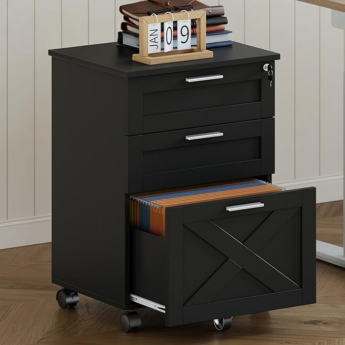 3-Drawer Rolling File Cabinet with Lock - Wooden Mobile Filing Cabinet for Home Office, Under Desk Storage Organizer fits Letter/A4/Legal Size, Sturdy Printer Stand with Locking Casters, Black