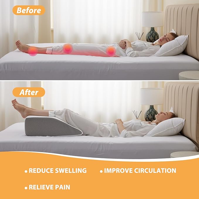 Bedluxe Leg Pillow Elevation Blood Circulation, Wedge Pillow for Legs Swelling, Leg Elevating Wedge Pillow for After Surgery, Foot Knee Pillow for Leg Rest, Sleeping, Memory Foam Top, 8in, White/Grey