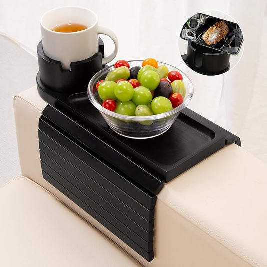 Couch Cup Holder,Bamboo Couch Arm Tray with 360° Rotating Cup Holder,Foldable Anti-Slip Sofa Arm Chair Tray for Eating Snack Drink Side Table
