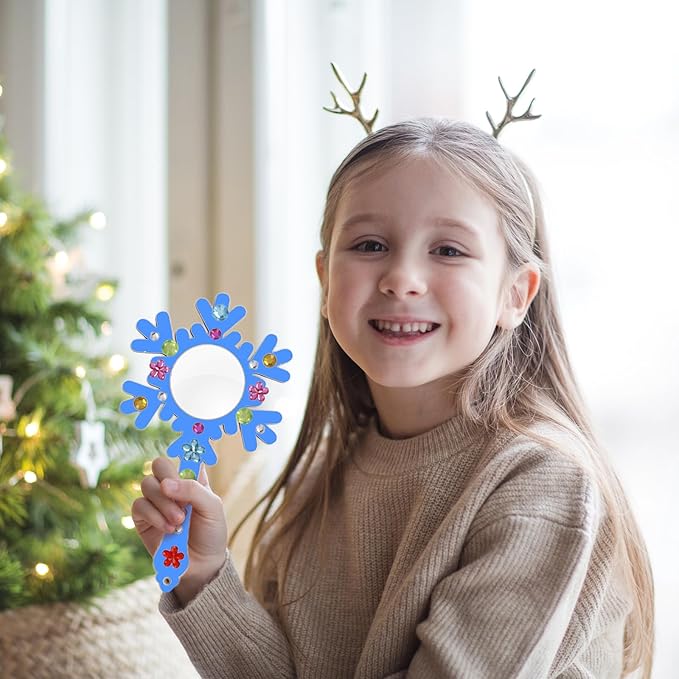Fennoral 10 Pack Wooden Mirror Craft for Kids Decorate You Own Snowflake Mirrors for Girls DIY Paint Snowflake Crafts Wooden Hand Mirror for Art Activities Birthday Winter Christmas Gifts