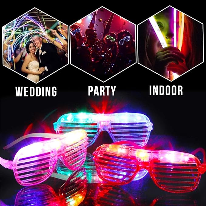 125 Pack Glow in The Dark Party Supplies Light Up Party Favors with 100 Glow Sticks and 25 Led Glasses Shutter Shades Sunglasses Neon Glow Accessories for Kid Adult Wedding Birthday Concert Party
