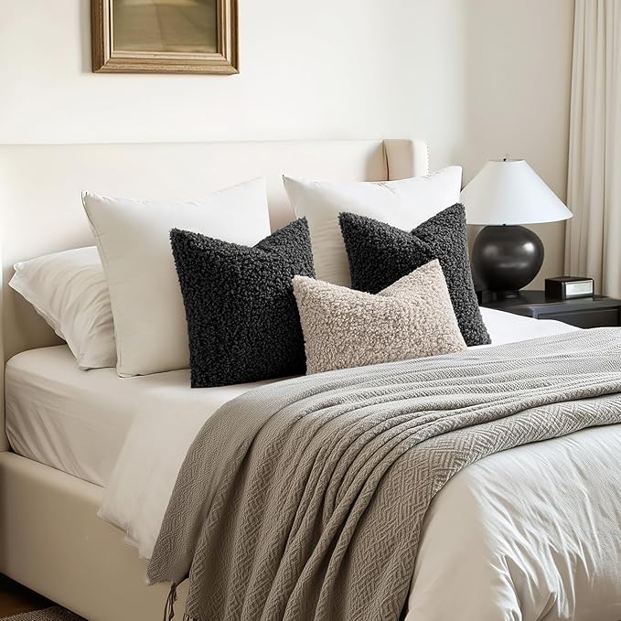 Woaboy Faux Fur Throw Pillow Covers 20x20 Inch Set of 2 Boucle Neutral Decorative Sherpa Fuzzy Accent Soft Sheepskin Fleece Cushions Modern Home Decor for Couch Sofa Bedroom Living Room,Black