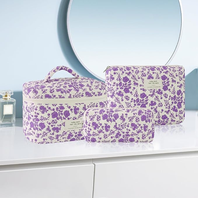 URSKYTOUS 3Pcs Cotton Quilted Makeup Bag for Women Girls Large Small Travel Portable Cosmetic Bag Set Cute Purple Floral Zipper Make Up Pouch Coquette Aesthetic Storage Toiletry Organizer Case