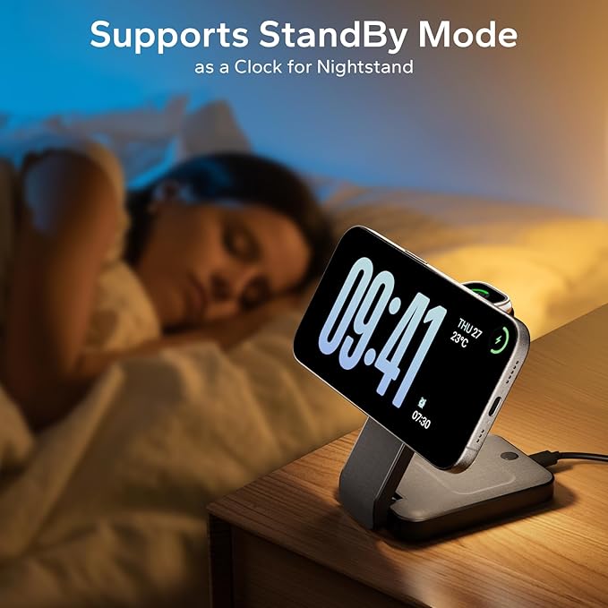 3 in 1 Foldable Wireless Charging Station for MagSafe, Nightstand Magnetic Charger Stand for iPhone 17 16 15 14 Pro Max, Travel Charging Dock with Night Light for Apple Watch/AirPods (Black)