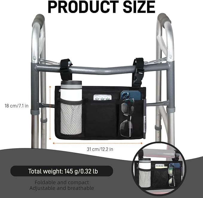 WEEOATAR Wheelchair Side Bags Storage Pouch with Cup Holder, Water-Resistant, Easy to Use with Release Buckle, Side Pocket with Reflective Stripe for Wheelchairs, Walkers or Rollator (Black)