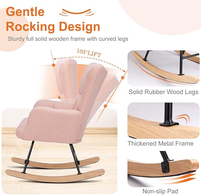 Sweetcrispy Rocking Chair Nursery, Teddy Upholstered Glider Rocker with High Backrest, Reading Chair Modern Rocking Accent Chairs Glider Recliner for Living Room, Nursery, Bedroom