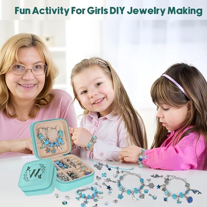 Charm Bracelet Making Kit, Kid Jewelry Making Kit for Girls 8-12, Unicorn Craft Kits for Teen Girls Toys Ages 3-10 Years Old Girl Gifts Trendy Stuff Birthday Christmas Gift with Initial Jewelry Box- W