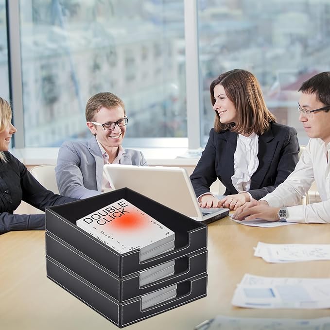 Leather Letter Tray, Office Supplies Desk Organizer for Mail Paper Files Magazines Jewelry Cosmetics,Luxury Letter Holder&Multipurpos Stackable Office Desktop Storage Box,Black