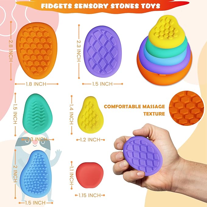 Fidget Sensory Toys for Kids Toddlers, 18 Pack Soft Textured Squishy Stress Relief Toys - Stretchy Fidget Bracelet, Textured Suction Cup Ball, Sensory Stone - Calm Down Toy for Autism Special Needs