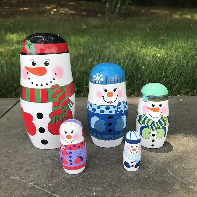 Konrisa Matryoshka Nesting Dolls 5 Pieces Snowman Nesting Dolls Hand Painted Figurines Wooden Stacking Dolls for Kids Birthday Party Home Decoration,New Year