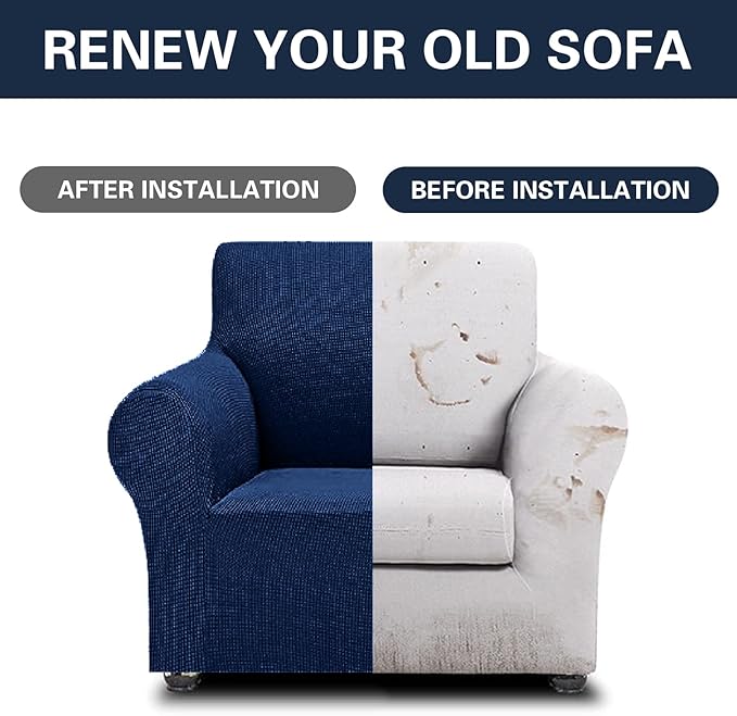 2025 New Stretch Chair Sofa Slipcovers Couch Cover for 1 Seater Furniture Protector Sofa Covers with Elastic Bottom Jacquard Fabric Small Checks for Pets, Kids - Classic Blue