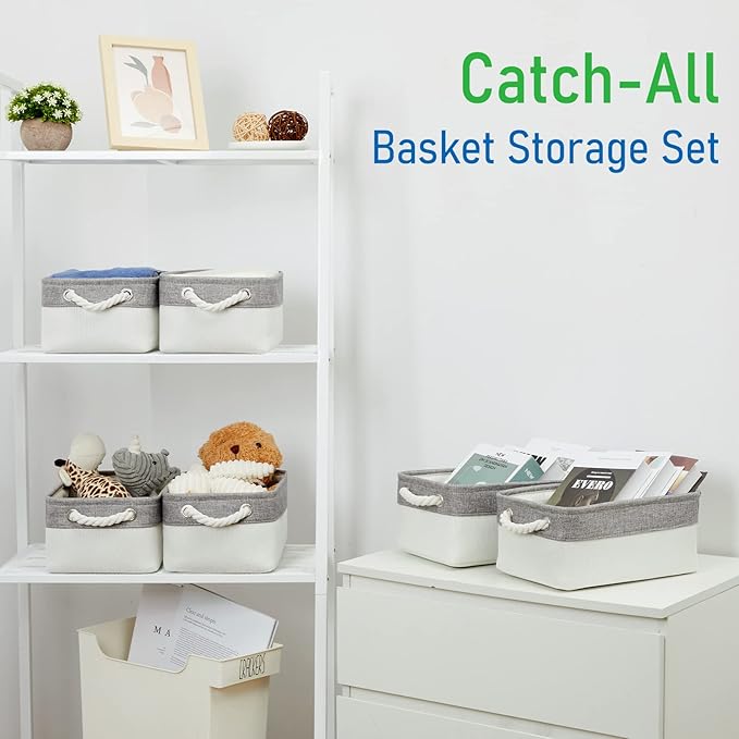 Bidtakay Small Fabric Storage Bins for Closet & Bathroom - Set of 6 Grey & White Baskets - Organizers for Pantry & Kids' Bedroom