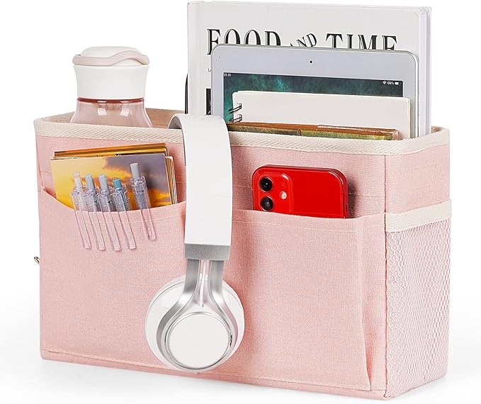 Bedside Caddy Bedside Storage Organizer Hanging Bunk Bed Dorm Room with Side Pockets for Water Bottles, Books, Cell Phones, Headphones (Pink)