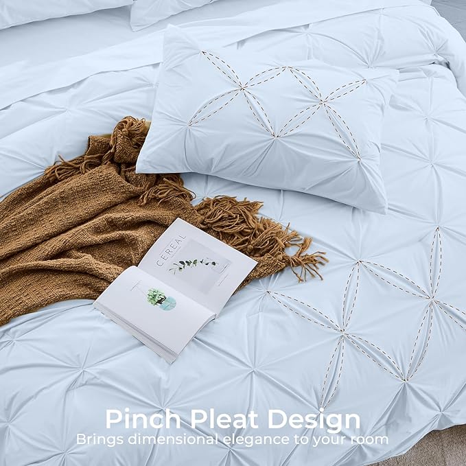 Sasttie Full Size Comforter Set, 7-Piece Bed in a Bag, Pintuck Bedding Sets for All Season, Includes Comforter, Flat Sheet, Fitted Sheet, Pillowcases and Pillowshams, Light Blue