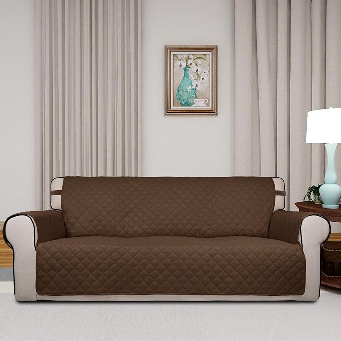 PureFit Reversible Quilted Sofa Cover, Water Resistant Slipcover Furniture Protector, Washable Couch Cover with Non Slip and Elastic Straps for Kids, Dogs, Pets (Sofa, Coffee/Ivory)