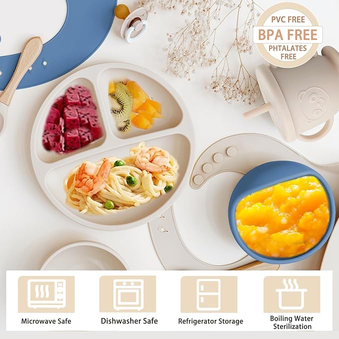 Silicone Baby Feeding Set | Baby Led Weaning Supplies Includes Suction Bowls and Divided Plates, Adjustable Bib, Baby Utensils Spoons and Forks,Cup | Baby Feeding Essentials (Beige)