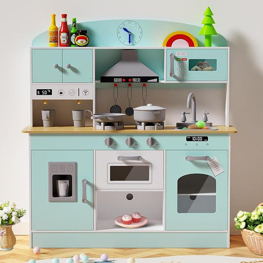 Babytronic Wooden Play Kitchen Set, Pretend Play Kitchen with Lights and Sounds for Kids Ages 3+, Includes Stove, Oven, Microwave, Coffee Maker, and Accessories, Toy Kitchen Set for Toddlers (Blue)