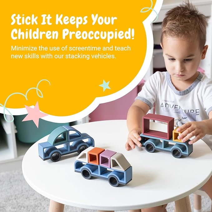 Stick It Montessori Food Grade Silicone Stacking Vehicles, 14 Pcs Toddler Baby Building Blocks Teether Educational Open Ended Shapes STEM Toy, 18+ Months (Car)