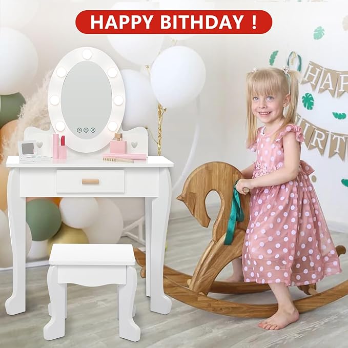 Kids' Vanity Set with Mirror and Light, Makeup Table and Stool for Girls, Vanity Table and Chair Set with Wood Makeup Playset for 4-9 Girls, White （Batteries Not Included）