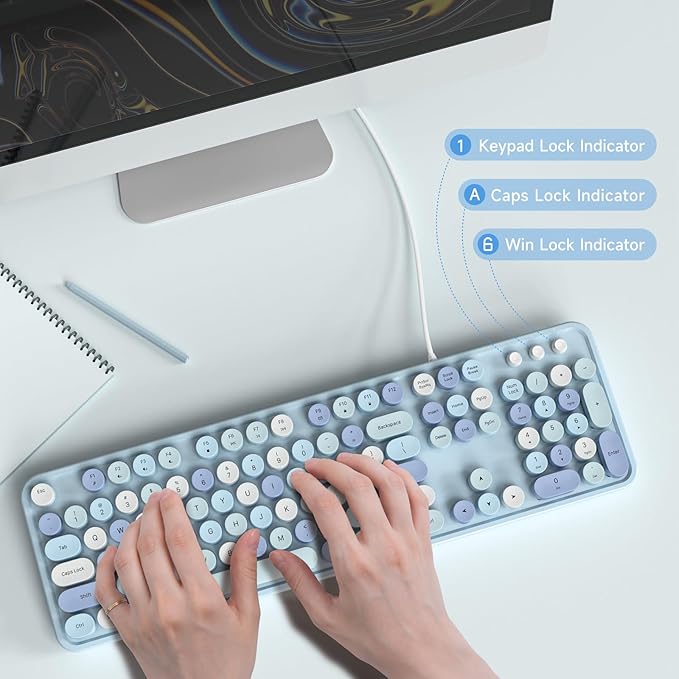 Wired Keyboard, Full-Sized Typewriter Keyboards, USB Plug and Play Office Keyboard with Number Pad, Caps Indicators, Foldable Stands for Windows, PC, Laptop, Desktop (Blue Colorful)
