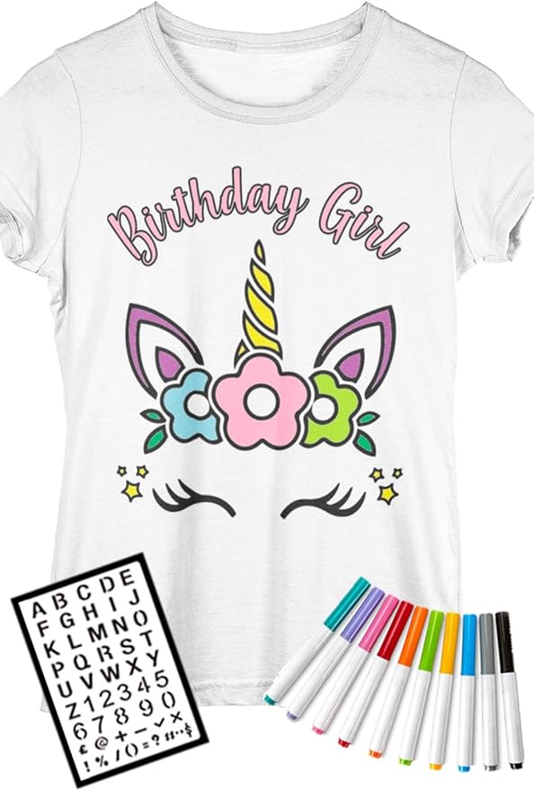 Coloring Shirt for Girls - Kit with 10 Fabric Markers and Alphabet Stencil (Birthday Unicorn, 6/7)