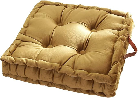 vctops Square Solid Color Velvet Seat Cushion with Handle Tufted Thicken Chair Pad Tatami Floor Pillow Cushion 16.5"x16.5"x4" Mustard Yellow