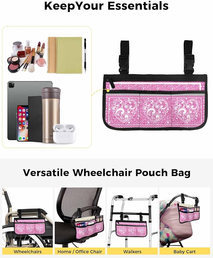 Wheelchair Side Storage Bag Valentine's Day Pink and White Abstract Love Heart Texture Armrest Pouch with Cup Holder and Reflective Strip Wheelchair Accessories Organizer Bags for Walkers Rollator