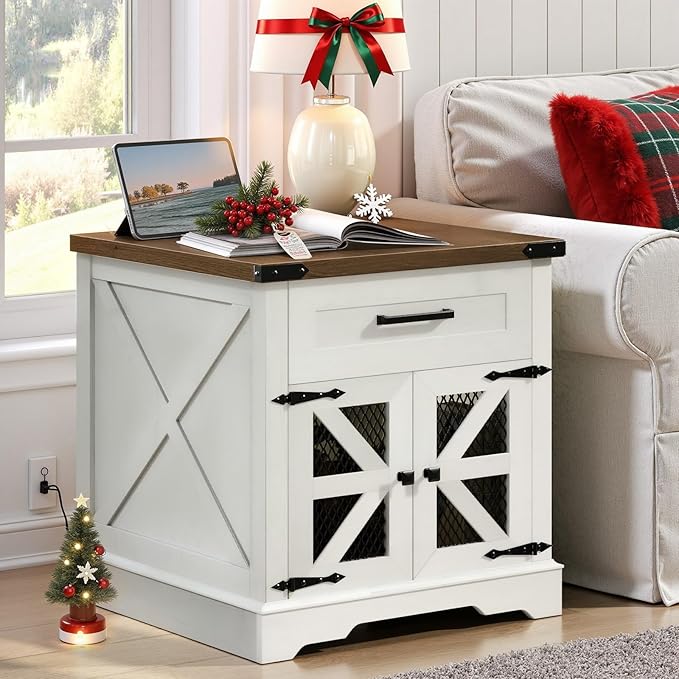 White Farmhouse End Table Set of 2, 24" Large Sofa Side Table with Drawer, Large End Table for Living Room, Wooden Nightstand with Charging Station, Square, White and Walnut