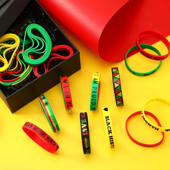 JUNEBRUSHS 42pcs Happy Black History Month Party Favors Silicone Bracelets Rubber Wristbands Accessories for Kids Adults African American Freedom Day Patriotic Party Decorations Gift Bag Fillers