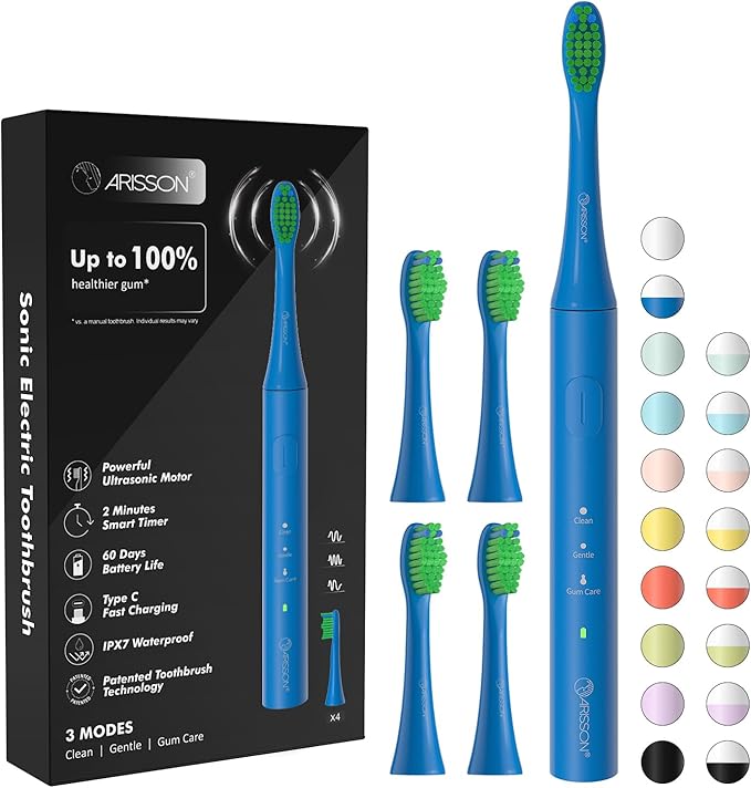 ARISSON Sonic Electric Toothbrush for Adults and Kids, 40,000 VPM Power Toothbrush, 1.5H Fast Charge Ultrasonic Electric Toothbrushes with 2 Minutes Smart Timer, 1.6 Oz Travel Toothbrush, Azure Blue