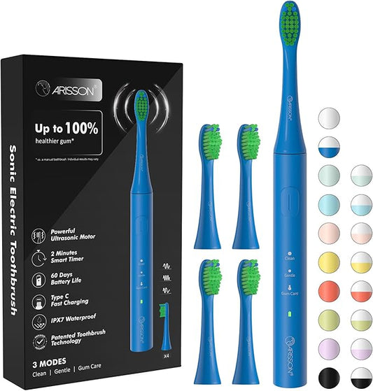 ARISSON Sonic Electric Toothbrush for Adults and Kids, 40,000 VPM Power Toothbrush, 1.5H Fast Charge Ultrasonic Electric Toothbrushes with 2 Minutes Smart Timer, 1.6 Oz Travel Toothbrush, Azure Blue