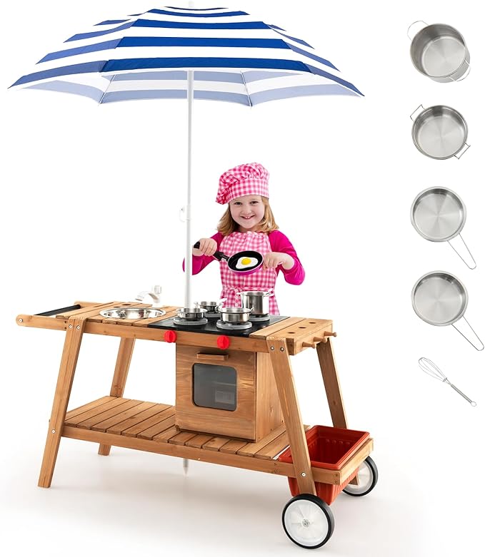 HONEY JOY Mud Kitchen with Umbrella, Wooden Rolling Mud Table Cart, Toddler Outdoor Kitchen Playset, Sink, Faucet, Planting Pots, Utensils, Storage Cabinet, Mud Kitchen for Kids Outdoor with Wheels