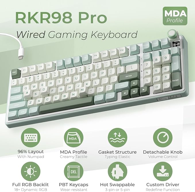RK ROYAL KLUDGE R98 Pro Creamy Mechanical Keyboard, 96% Wired Gaming Keyboard RGB Backlit with Number Pad and Volume Knob, Gasket Mount, MDA Profile PBT Keycaps, Hot Swappable Pre-lubed Tactile Switch