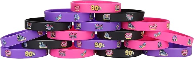 Cleverplay 24 Pack 90s Theme Silicone Wristbands Bracelets, Birthday Decoration Funny 1990's Hip Hop Party Favors for Adults
