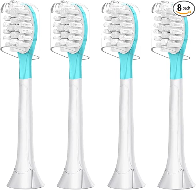 Kids Replacement Toothbrush Head Soft Brush for 7+ Child Plague Removal Blue 4 Pack & 4 Hygienic Cover Compatible with Phillps Kids Electric Toothbrush HX6320, HX6340, HX6032/94, HX6321, HX6042 Blue