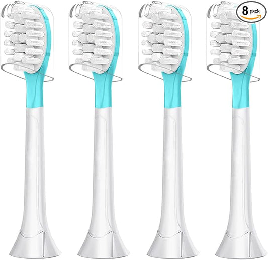 Kids Replacement Toothbrush Head Soft Brush for 7+ Child Plague Removal Blue 4 Pack & 4 Hygienic Cover Compatible with Phillps Kids Electric Toothbrush HX6320, HX6340, HX6032/94, HX6321, HX6042 Blue