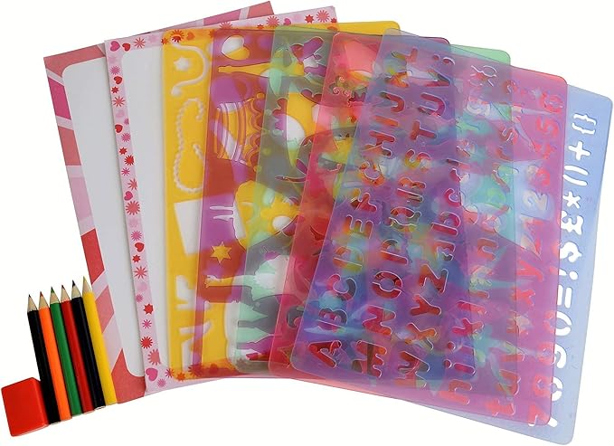 Buddy & Barney Big Box of Fashion, Fairies, & Flowers Stencils (Large 32-Piece Stencils Kit), 150+ Shapes, 6 Coloring Pencils, 5 Stencil Sheets, Arts & Crafts Drawing Stencils for Girls, Kids 4+