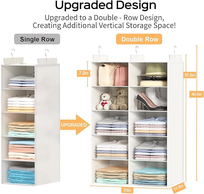 ALLTIDYUP White 5-Tier Hanging Closet Storage Organizer - Space-Saving Dual-Row Foldable Shelves with 3 Hooks, Wardrobe Organizer for Dorm, Bedroom, Clothes and Accessories
