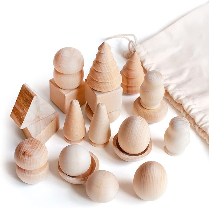 Ulanik Wonderful Bag Toddler Montessori Toys for 3 Year Old + Unfinished Wooden Figurines for Shape Sorting & DIY Painting Pyrography Decoupage Crafts — 20 pcs