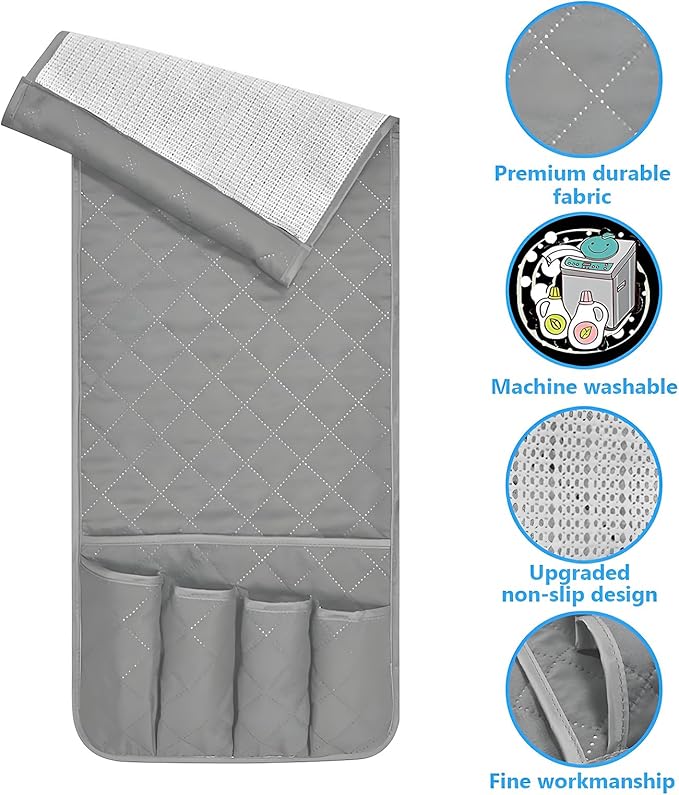 Sofa Armrest Organizer Non-Slip Arm Chair Bedside Storage Caddy Organizer Armchair Caddy for Recliner Couch Remote Holder with 5 Pockets for Cell Phone TV Remote Control Magazines(Grey)