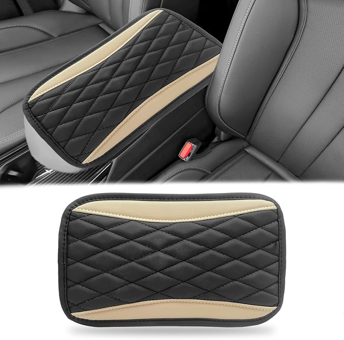 Car Center Console Cover, Universal Leather Waterproof Armrest Seat Box Cover Protector, Comfortable Car Decor Accessories Fit for Most Cars, Vehicles, SUVs-khaki