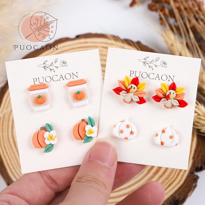 Puocaon Thanksgiving Polymer Clay Cutters - Fall Polymer Clay Cutters Earrings Studs Making, 9 Pcs Mini Clay Cutters Pumpkin Chicken Acorn Clay Cutters, Coffee Cup Clay Cutters Mushroom Maple Shape
