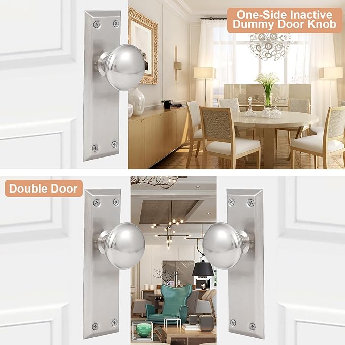 2 Pack Vintage Single Sided Dummy Door Knobs Interior, Antique Long Plate Dummy Door Knobs in Brushed Nickel
