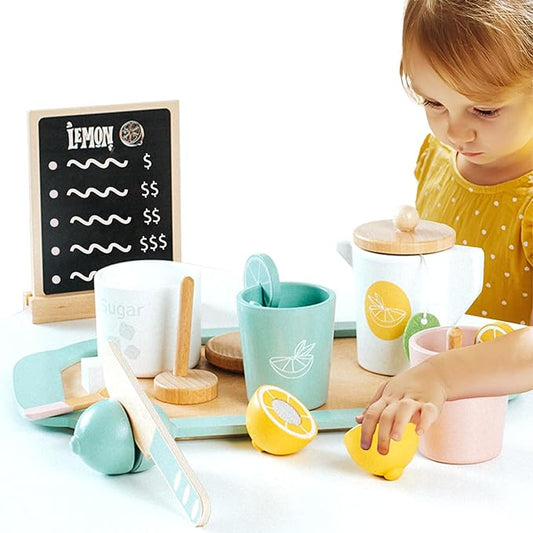 Lemonade Stand for Kids Tea Set Pretend Play Toys Tea Party Set Lemonade Stand Supplies No Assembly Required Non-Toxic Wooden Toys Tea Sets for Toddlers 3-5 Birthday Gift