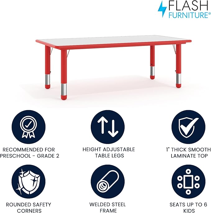 Flash Furniture Wren 23.625''W x 47.25''L Rectangular Red Plastic Height Adjustable Activity Table with Grey Top