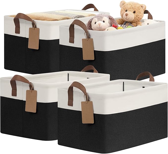 CHICVITA 4 Pack Large Storage Baskets for Shelves, Collapsible Fabric Storage Bins with Metal Frame Handles, Decorative Closet Organizers Bins for Toys, 16.8" x 11" x 9.8", Black & White