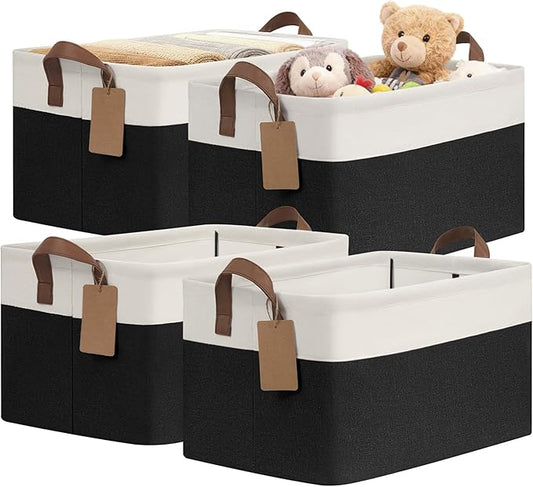 CHICVITA 4 Pack Large Storage Baskets for Shelves, Collapsible Fabric Storage Bins with Metal Frame Handles, Decorative Closet Organizers Bins for Toys, 16.8" x 11" x 9.8", Black & White