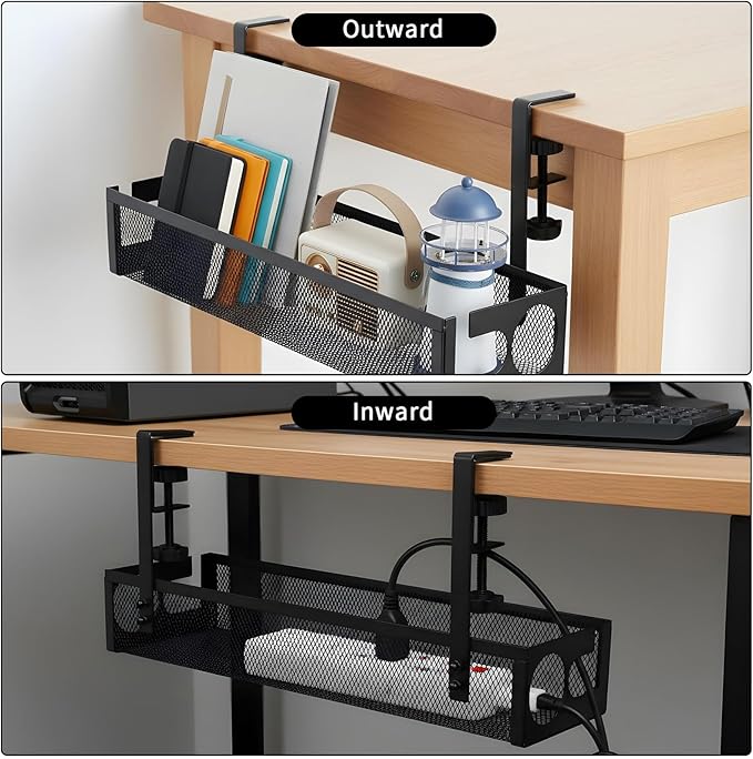 2 Pack Under Desk Cable Management Tray, 15 Inch No Drill Metal Mesh Organizer with Hybrid Side Slots, Wire Holder Storage Rack for Office Home Desk